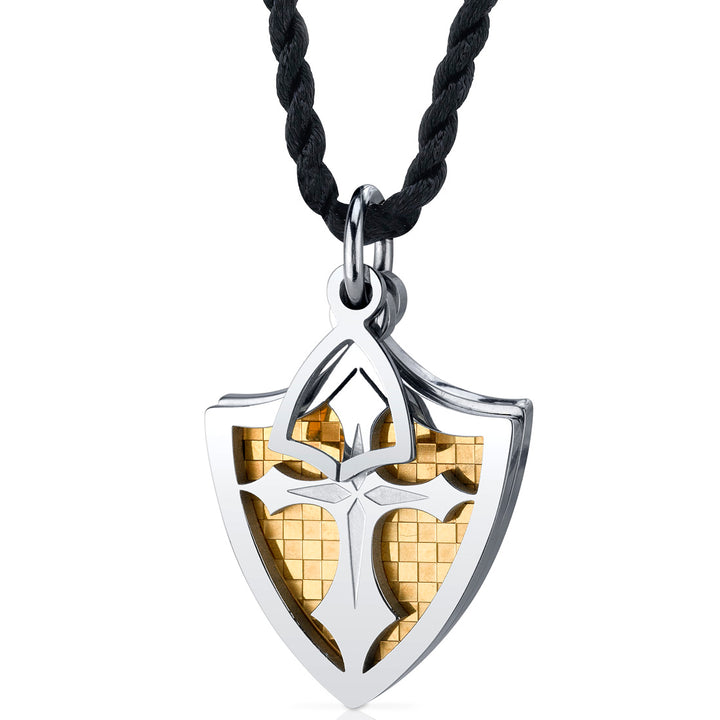 Stainless Steel Cross and Golden Shield Pendant Necklace