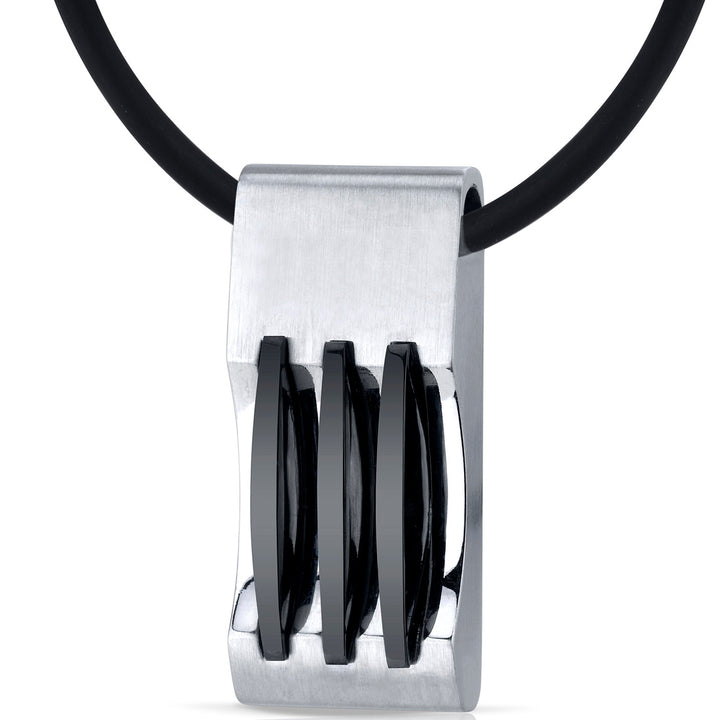 Stainless Steel Pendant with Triple Stripe Black Accents