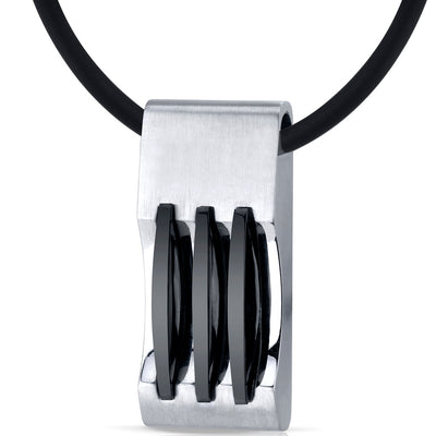 Stainless Steel Pendant with Triple Stripe Black Accents