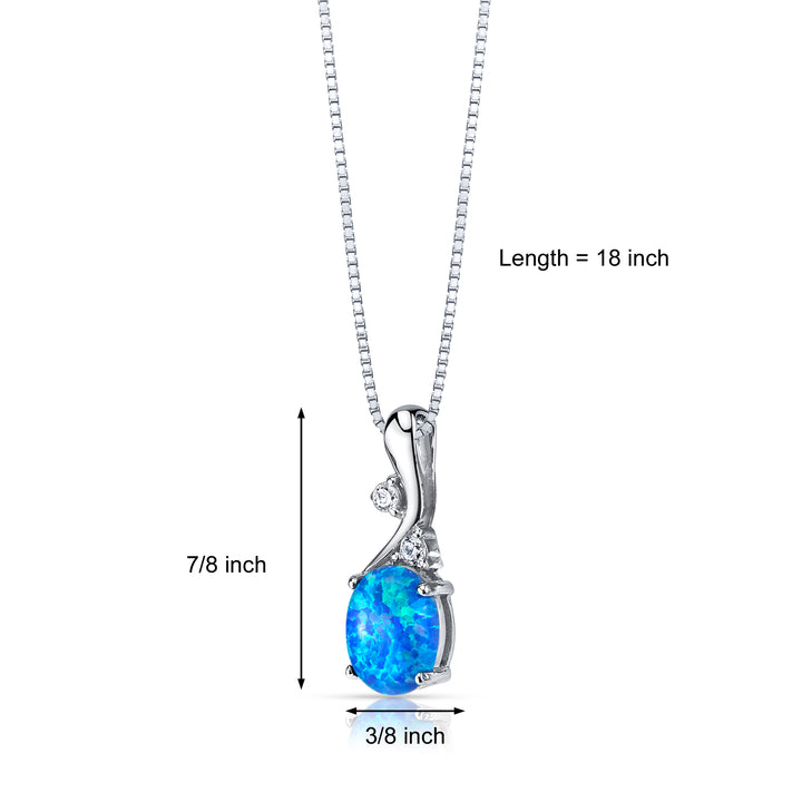 Created Blue Opal Pendant Sterling Silver, Dainty Posy Solitaire, 1.75 Carat Oval Shape