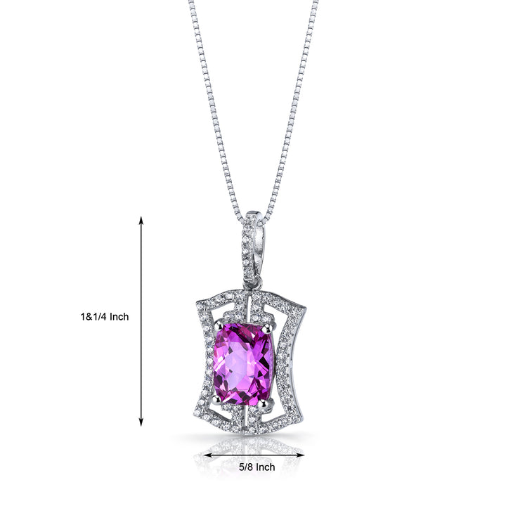 Created Pink Sapphire Art Deco Pendant Sterling Silver 4.5 Carats