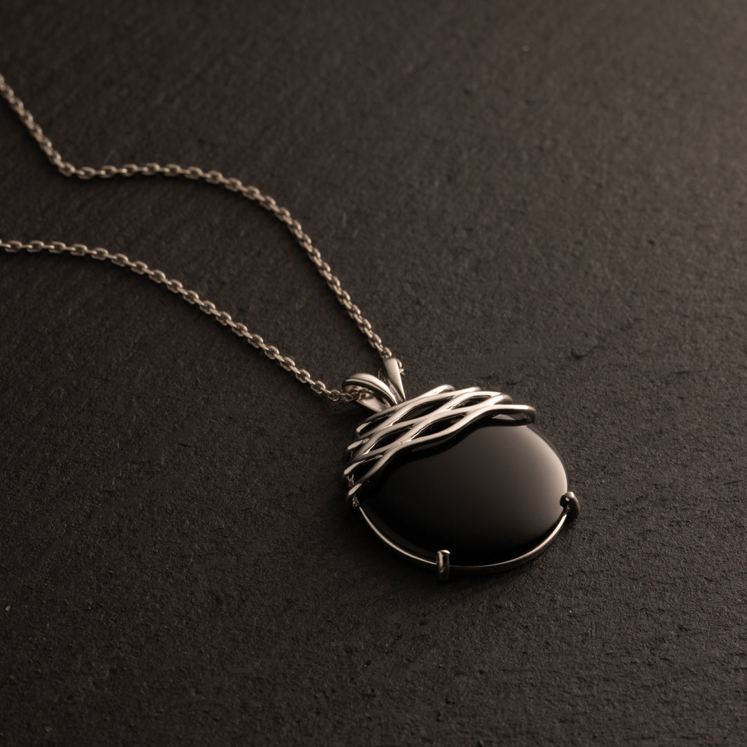 Sterling Silver Round Black Onyx Waves Pendant