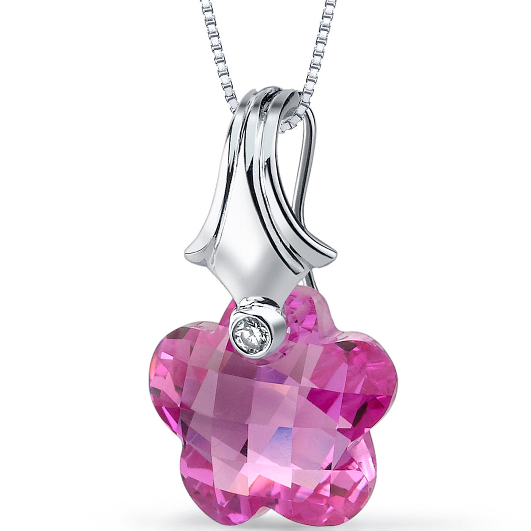 Created Pink Sapphire Sterling Silver Pendant Blooming Flower Cut 16 Carats 