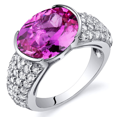 Created Pink Sapphire Oval Cut Sterling Silver Ring Size 9
