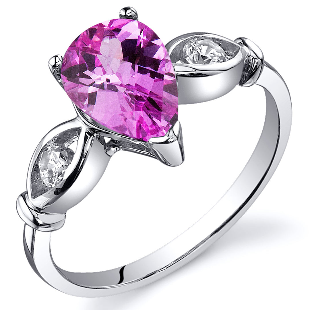Created Pink Sapphire Pear Shape Sterling Silver Ring Size 6