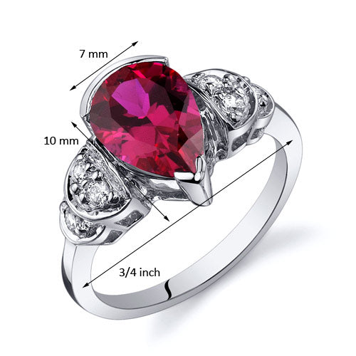 Created Ruby Tear Drop Ring Sterling Silver 2.50 Carats Size 7