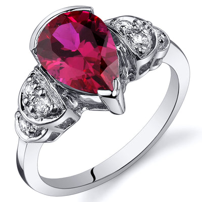 Created Ruby Tear Drop Ring Sterling Silver 2.50 Carats Size 7