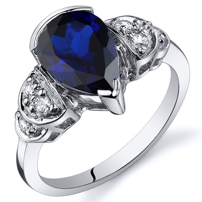 Created Sapphire Tear Drop Ring Sterling Silver 2.50 Carats Size 8