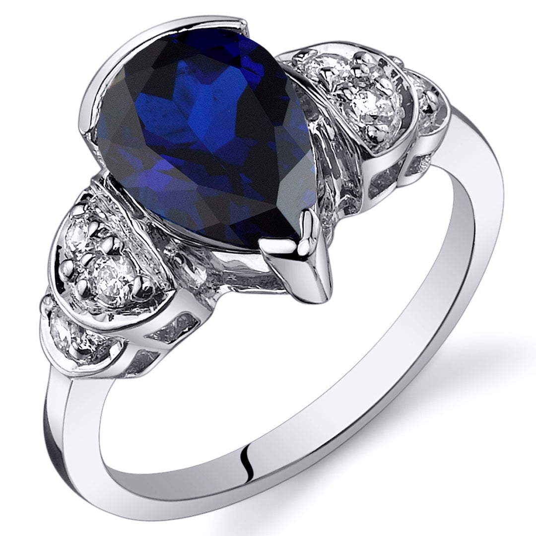 Created Blue Sapphire Pear Shape Sterling Silver Ring Size 7
