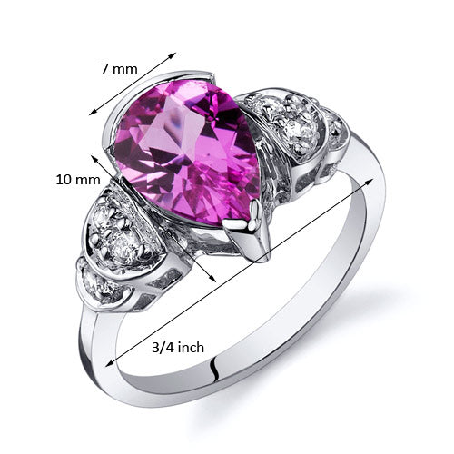 Created Pink Sapphire Pear Shape Sterling Silver Ring Size 9