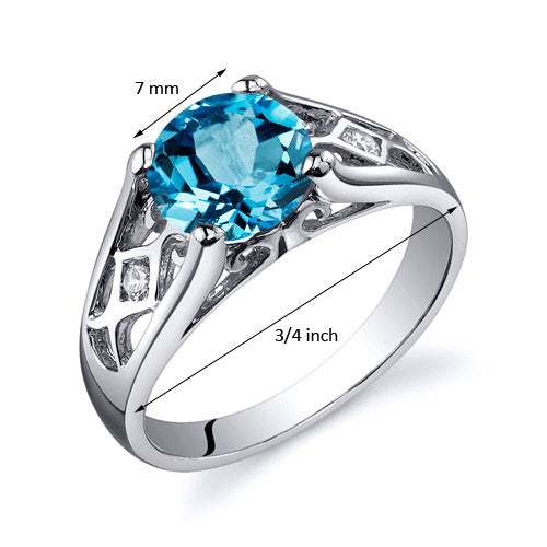 Swiss Blue Topaz Ring Sterling Silver Round Shape 1.75 Carats Size 9