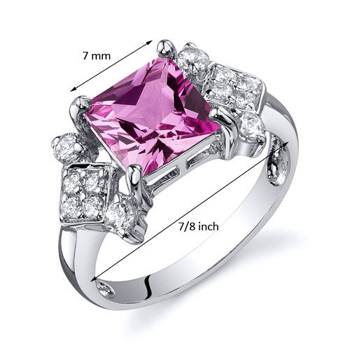Created Pink Sapphire Princess Cut Sterling Silver Ring Size 9