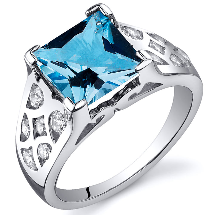 Swiss Blue Topaz Ring Sterling Silver Princess Cut 2.75 Carats Size 7