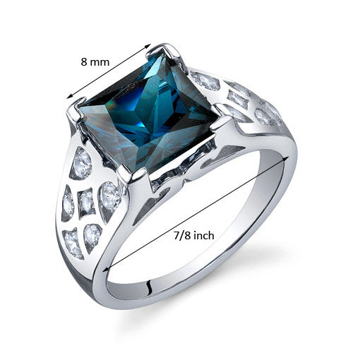 London Blue Topaz Ring Sterling Silver Princess Cut 2.75 Carats Size 6