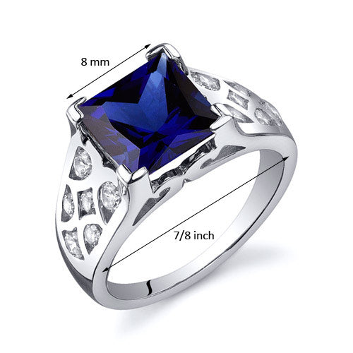 Created Blue Sapphire Princess Cut Sterling Silver Ring Size 9