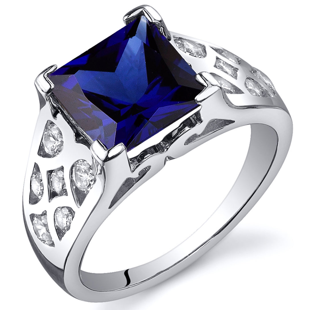 Created Blue Sapphire Princess Cut Sterling Silver Ring Size 5