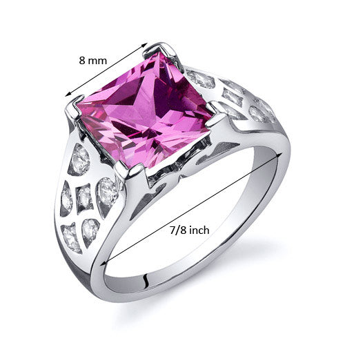 Created Pink Sapphire Princess Cut Sterling Silver Ring Size 7