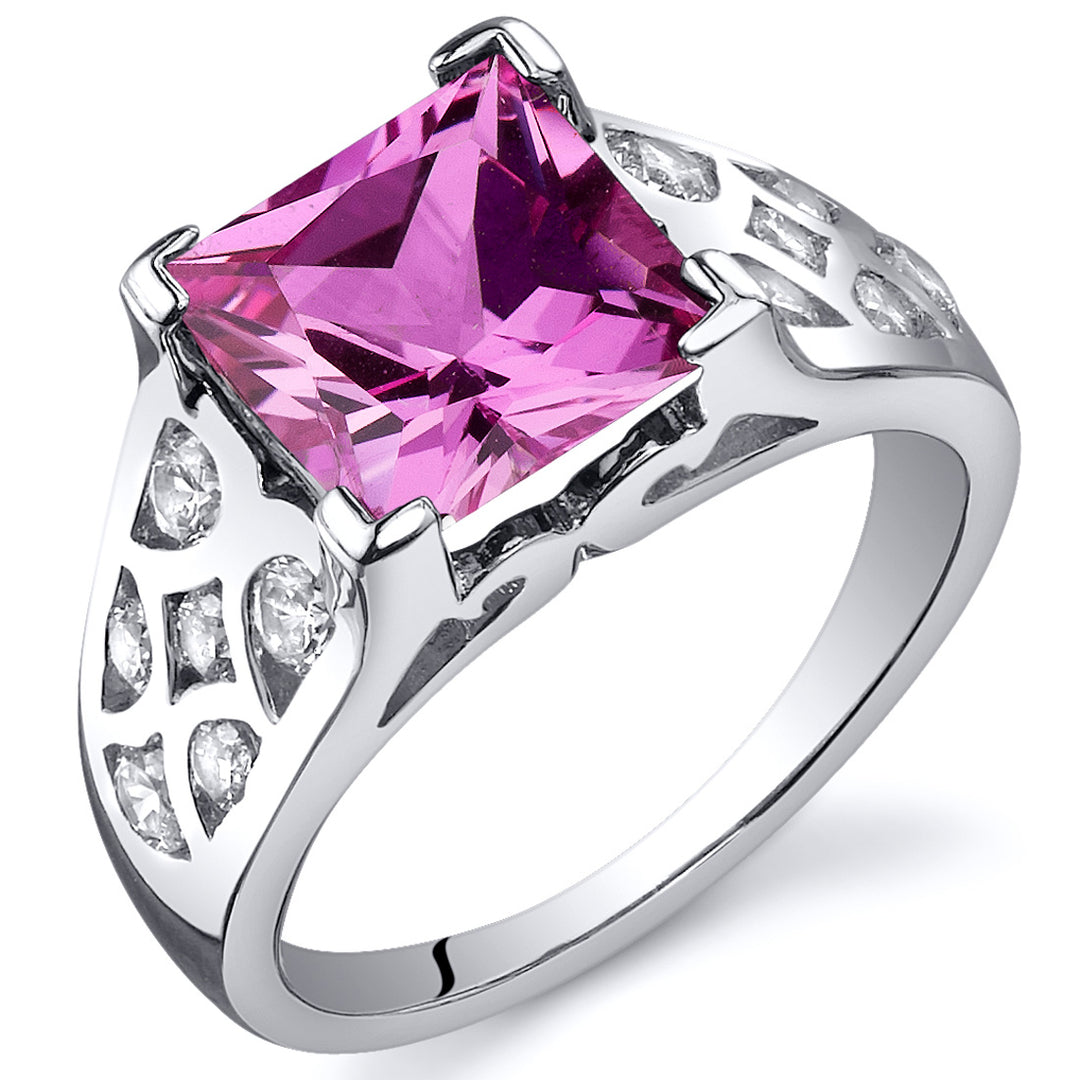 Created Pink Sapphire Princess Cut Sterling Silver Ring Size 9