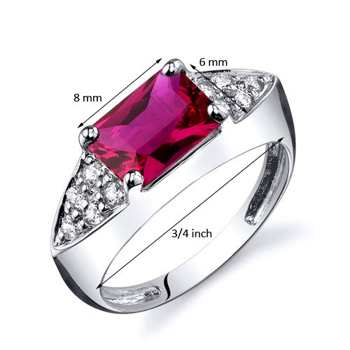 Created Ruby Sterling Silver Ring 2 Carats Radiant Cut Size 8