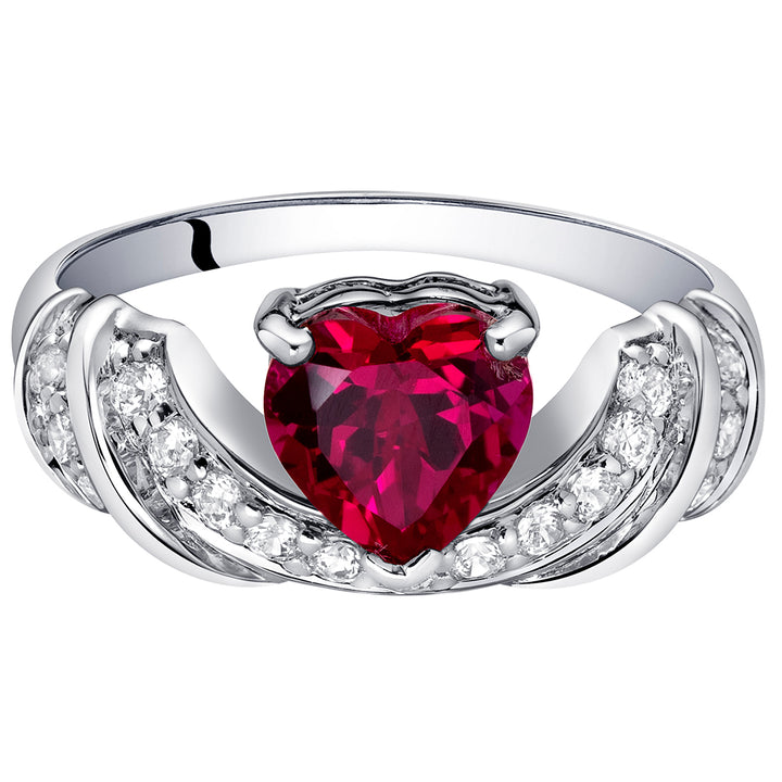 Created Ruby Heart Shape Sterling Silver Ring Size 9