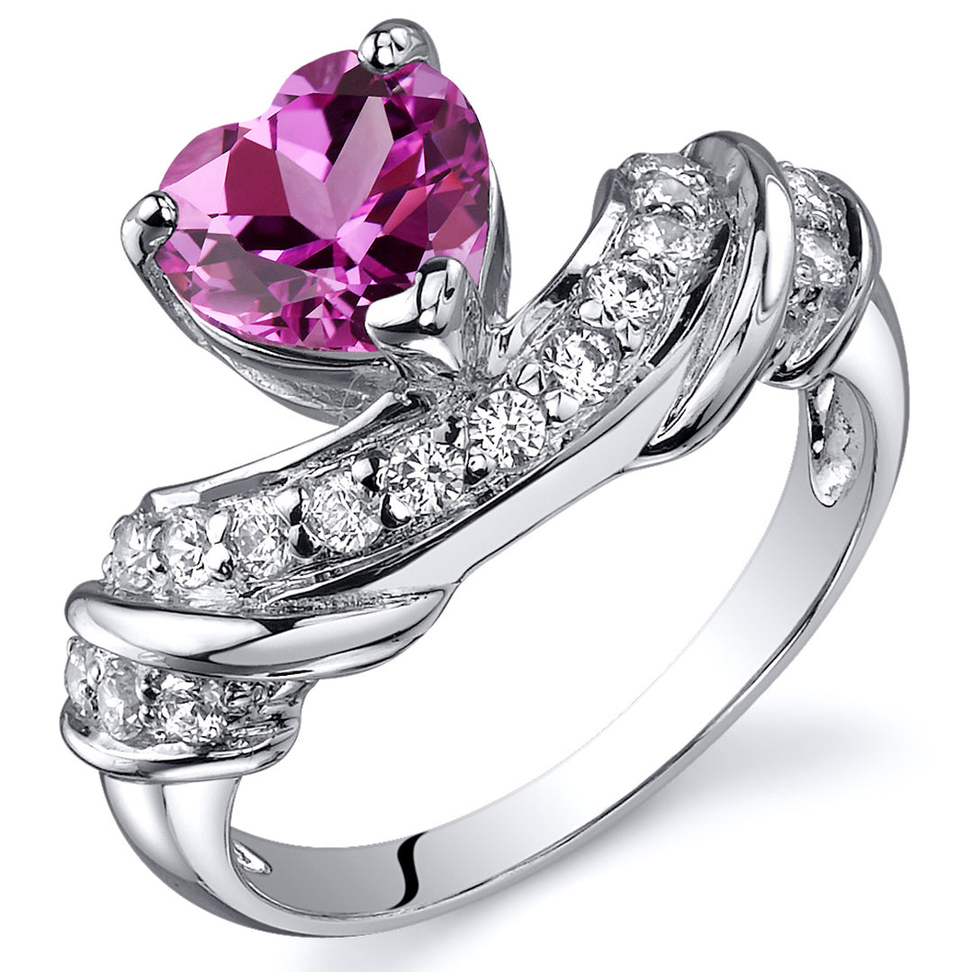 Created Pink Sapphire Heart Shape Sterling Silver Ring Size 8