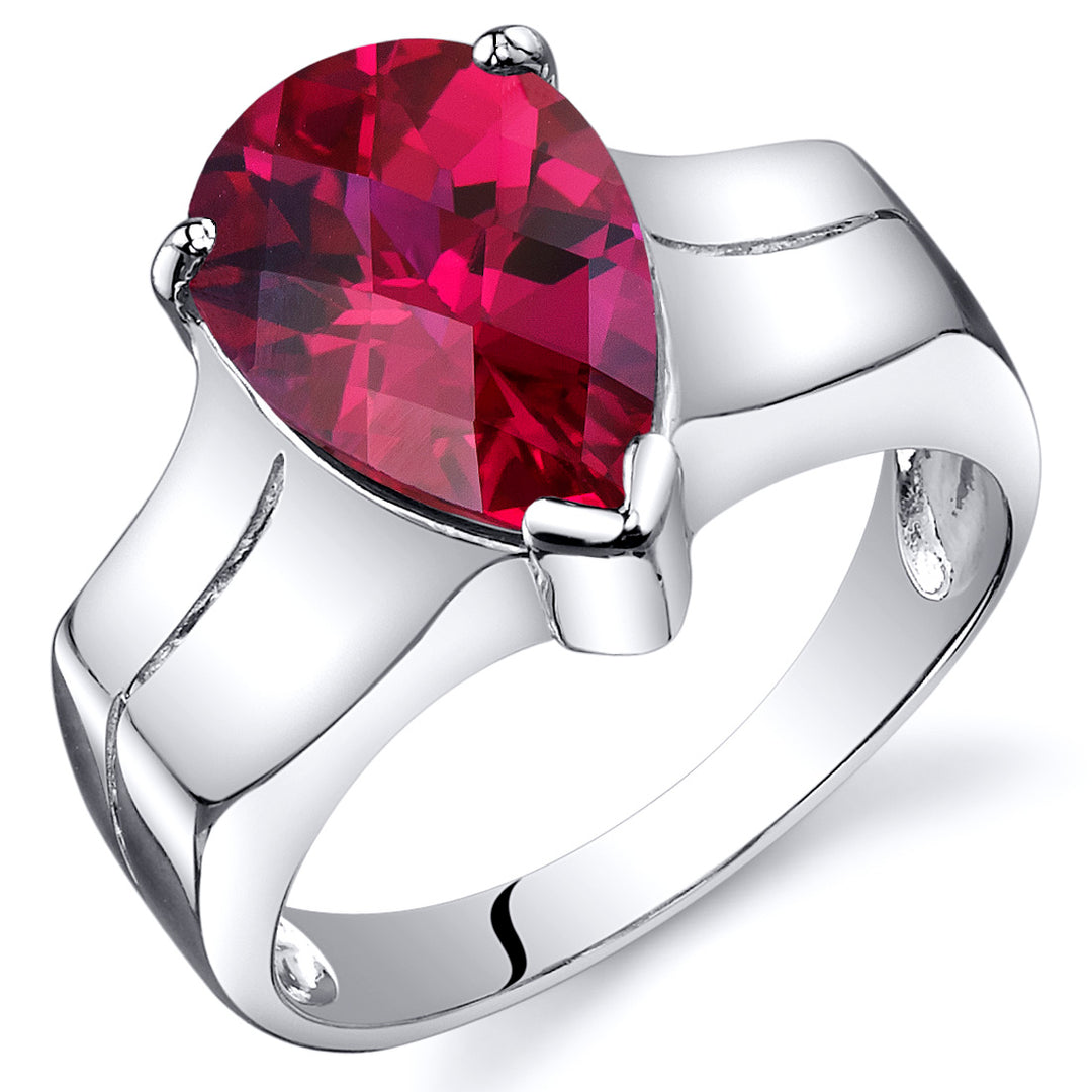 Created Ruby Pear Shape Sterling Silver Ring Size 9