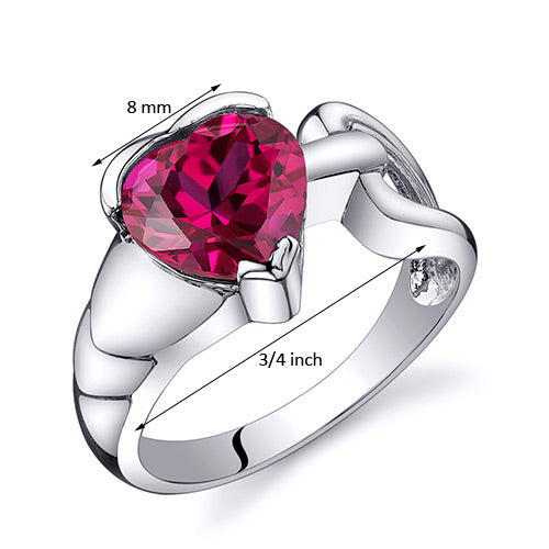 Created Ruby Heart Shape Sterling Silver Ring Size 5