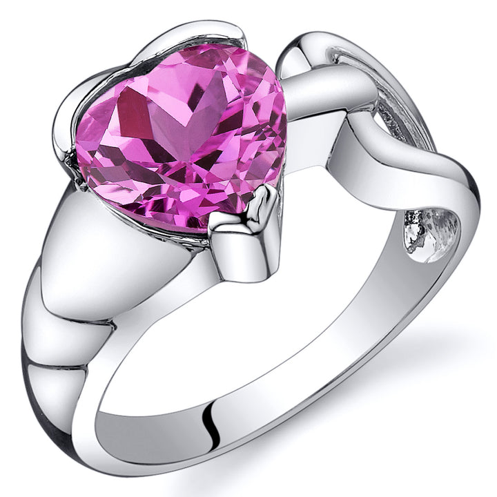 Created Pink Sapphire Heart Shape Sterling Silver Ring Size 7