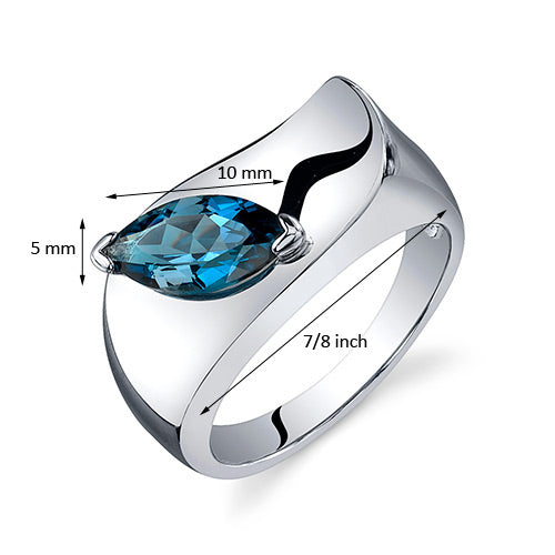 London Blue Topaz Ring Sterling Silver Marquise Shape 1 Carat Size 8