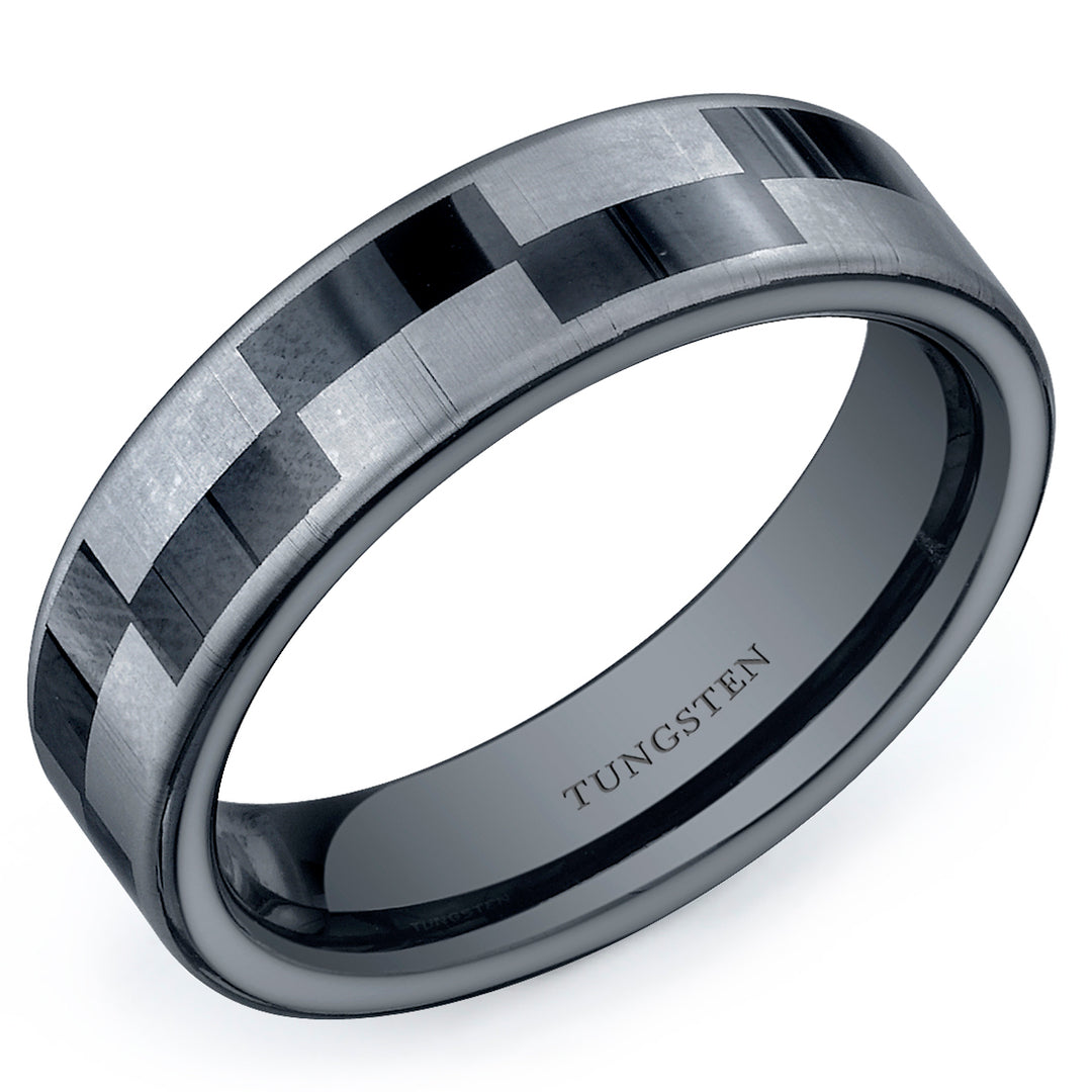 Black and Silver Checkerboard 6mm Mens Tungsten Band Size 13