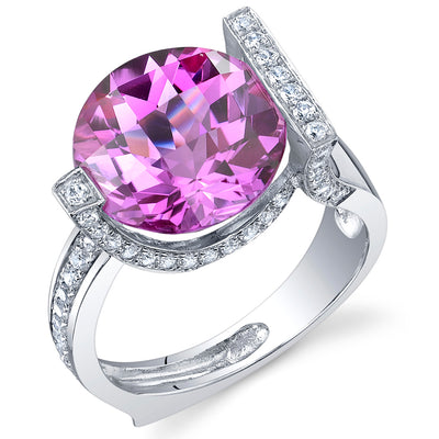 Created Pink Sapphire Round Cut Sterling Silver Ring Size 9