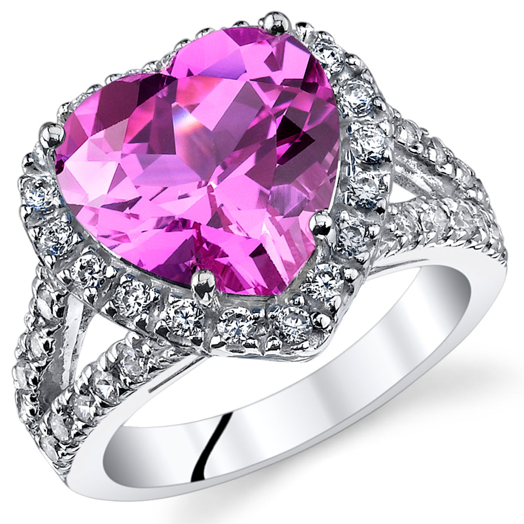 Created Pink Sapphire Heart Shape Sterling Silver Ring Size 6
