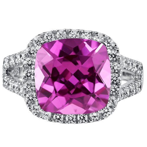 Created Pink Sapphire Cushion Cut Sterling Silver Ring Size 5