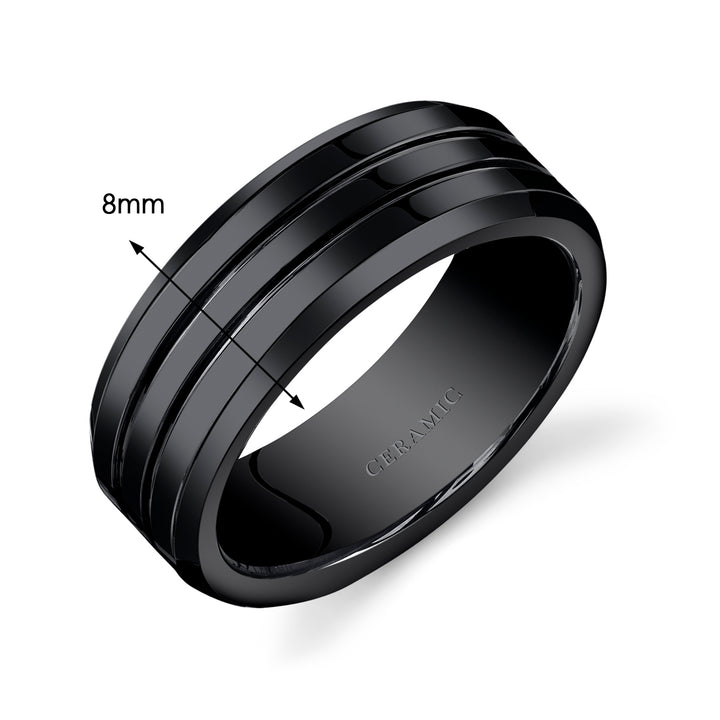 Mens 8mm Black Ceramic Band Twin Grooves Size 9.5
