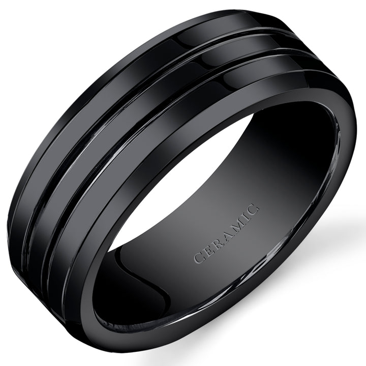 Mens 8mm Black Ceramic Band Twin Grooves Size 10