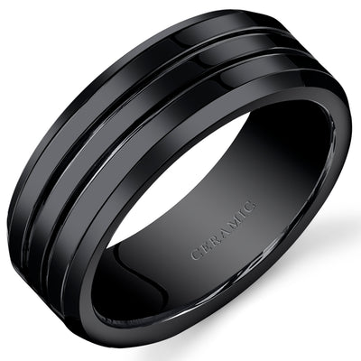 Mens 8mm Black Ceramic Band Twin Grooves Size 10.5