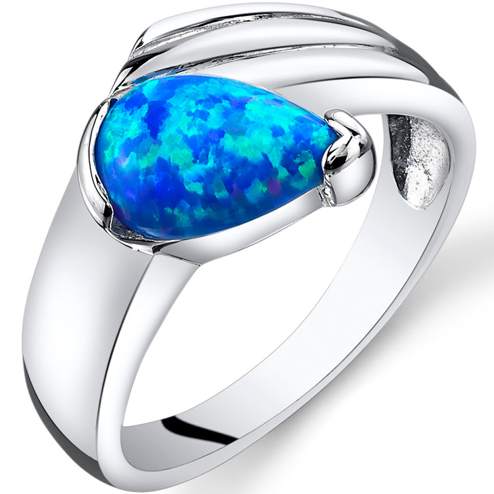 Blue Opal Ring Sterling Silver Pear Shape 0.75 Carat Size 9