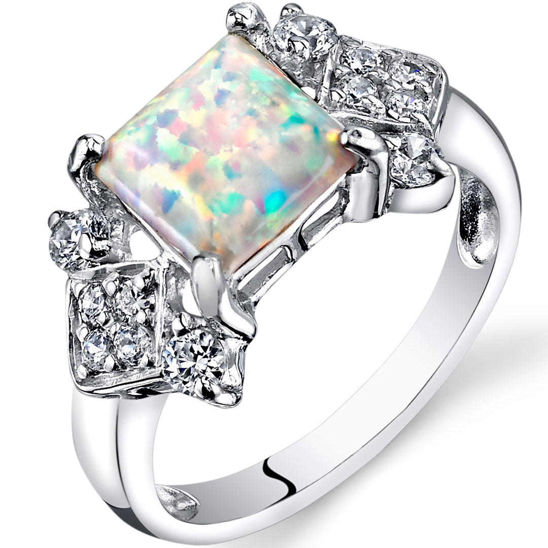 Created Opal Princess Cut Sterling Silver Ring Size 9