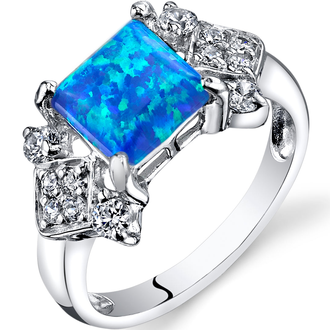 Created Opal Princess Cut Sterling Silver Ring Size 6