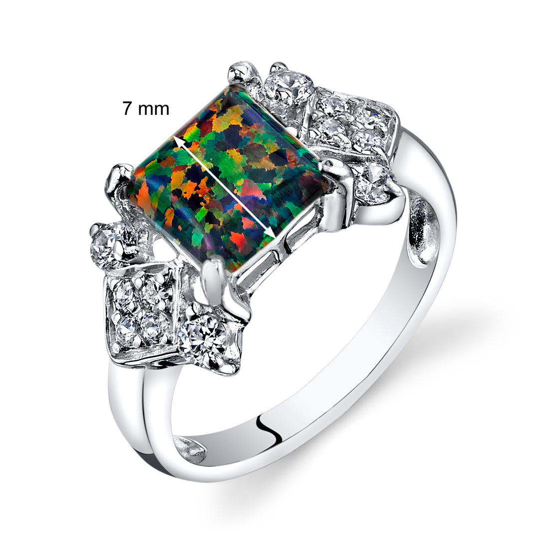 Created Opal Princess Cut Sterling Silver Ring Size 7