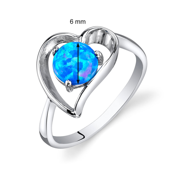 Created Blue Opal Solitaire Heart Ring Sterling Silver Size 9