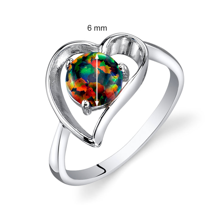 Created Black Opal Solitaire Heart Sterling Silver Ring Size 5