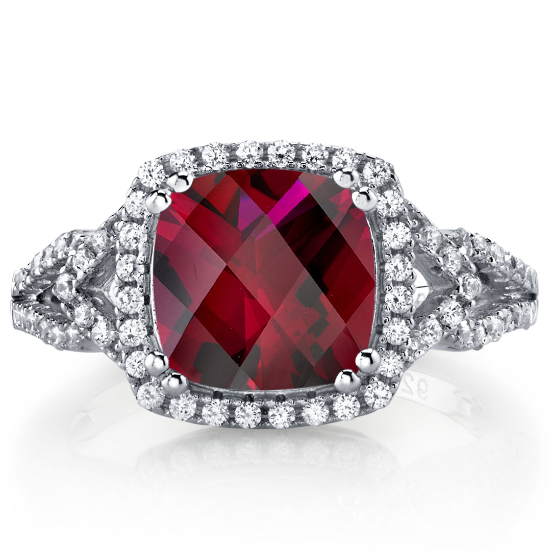 Created Ruby Cushion Cut Sterling Silver Ring Size 5