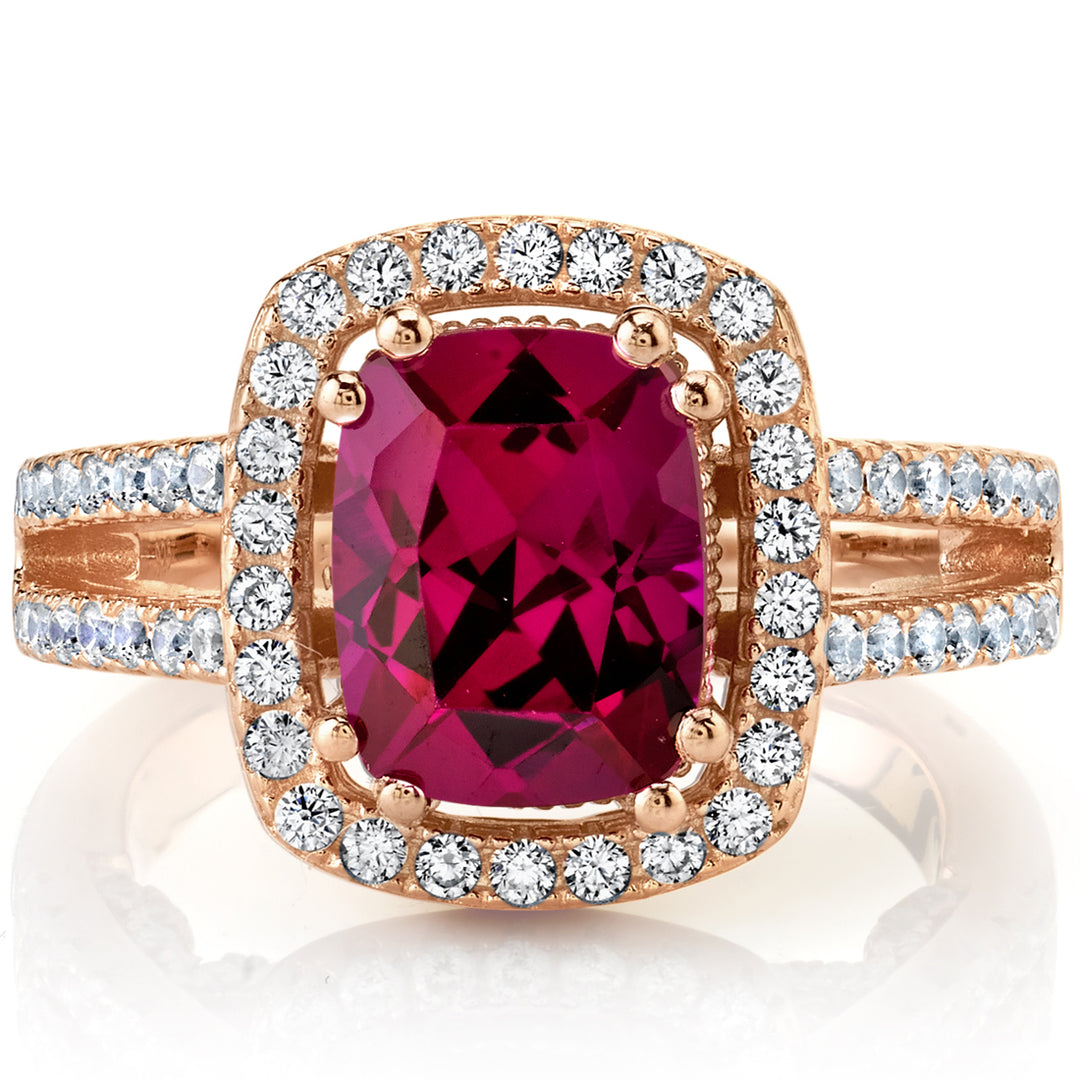 Ruby Rose Goldtone Halo Ring Sterling Silver Cushion Cut 2.75 Carats Size 6
