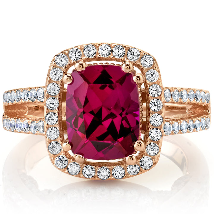 Ruby Rose Goldtone Halo Ring Sterling Silver Cushion Cut 2.75 Carats Size 5