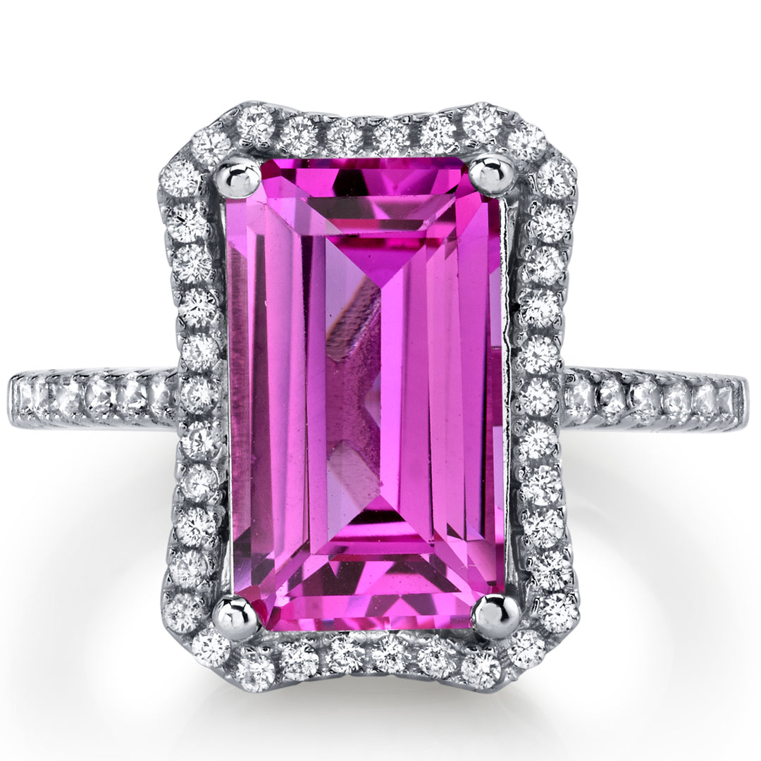 Created Pink Sapphire Emerald Cut Sterling Silver Ring Size 8