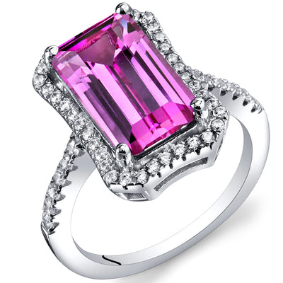 Created Pink Sapphire Emerald Cut Sterling Silver Ring Size 8