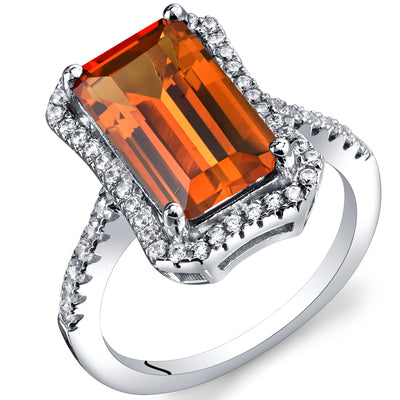 Created Padparadscha Emerald Cut Sterling Silver Ring Size 5