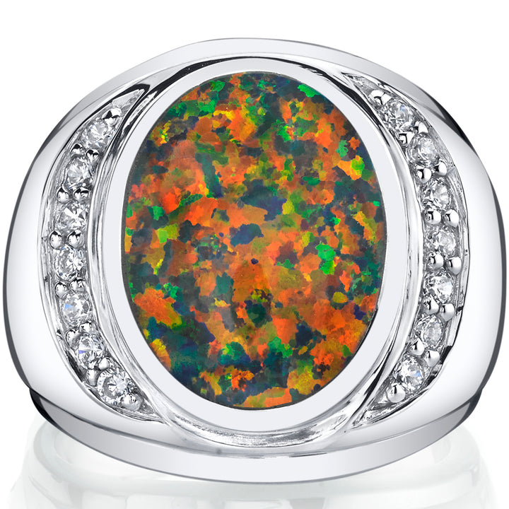 Men's Created Black Opal Ring Sterling Silver Size 11
