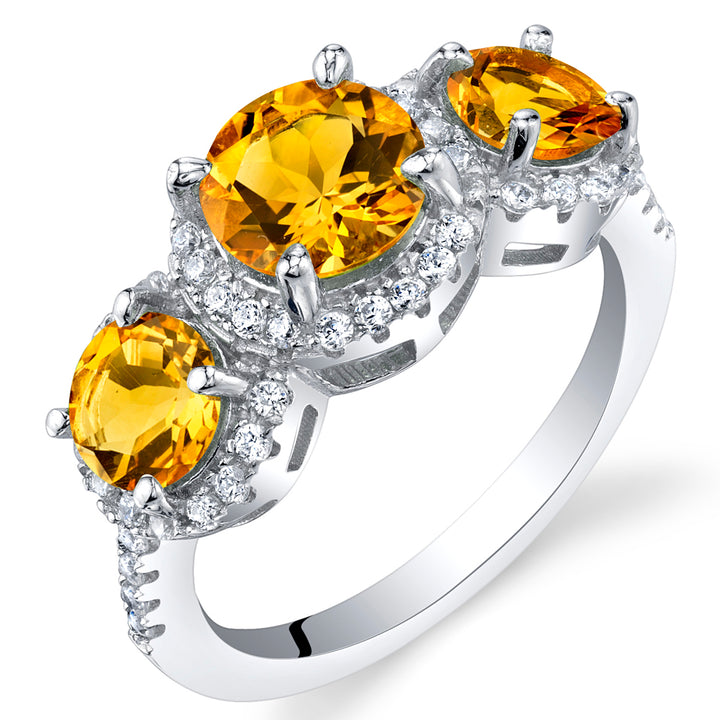 Citrine Three-Stone Halo Ring Sterling Silver 1 Carat Size 8